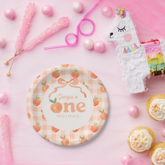Editable Gingham Peach Paper Plates Papieren Bordje (Feest)