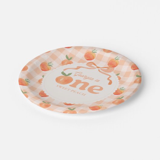 Editable Gingham Peach Paper Plates Papieren Bordje (Gekanteld)