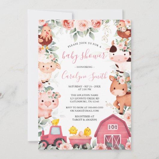 EDITABLE Girl Boerderij Baby shower Invitation Kaart (Voorkant)