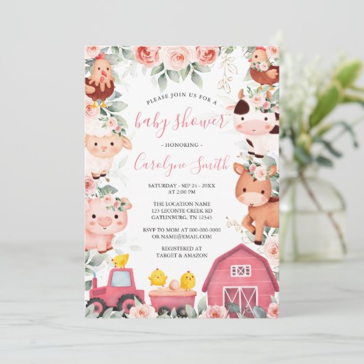 EDITABLE Girl Boerderij Baby shower Invitation Kaart (Staand voorkant)