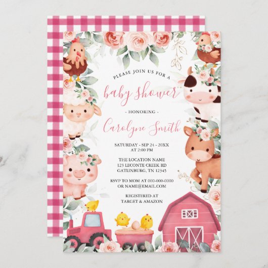 EDITABLE Girl Boerderij Baby shower Invitation Kaart (Voorkant / Achterkant)
