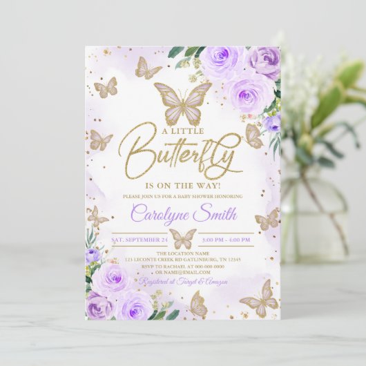 Editable Girl Paars Butterfly Baby shower Kaart (Staand voorkant)