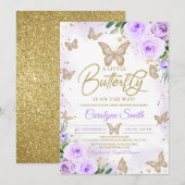 Editable Girl Paars Butterfly Baby shower Kaart (Voorkant / Achterkant)