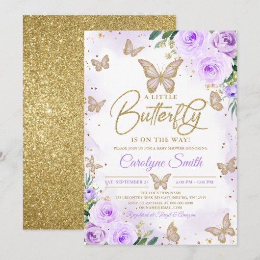 Editable Girl Paars Butterfly Baby shower Kaart (Voorkant / Achterkant)