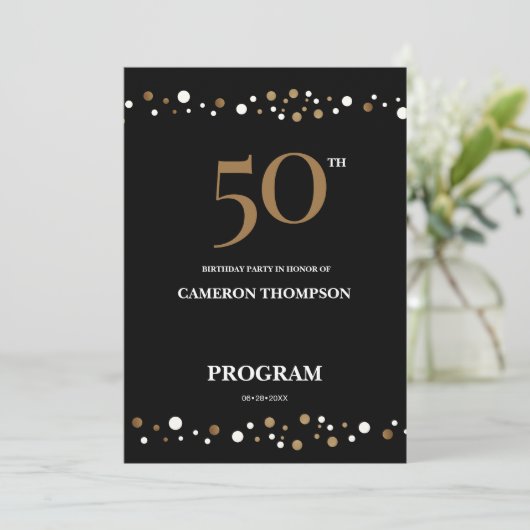 Editable Gold and Black confetti 50e verjaardag Programmakaart (Staand voorkant)