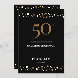 Editable Gold and Black confetti 50e verjaardag Programmakaart