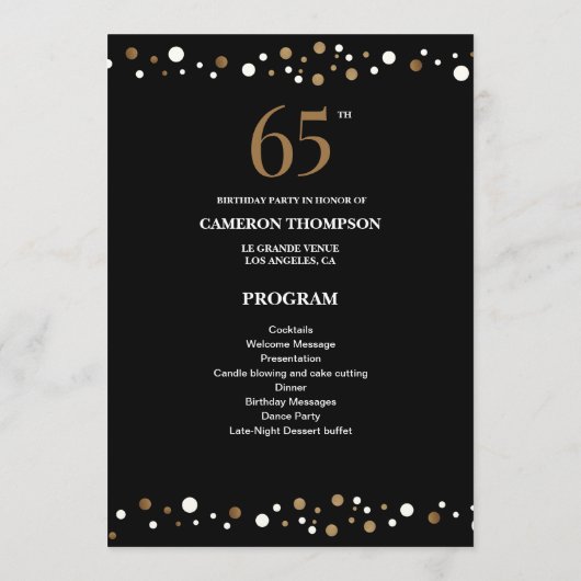 Editable Gold and Black confetti 65e verjaardag Programmakaart (Achterkant)