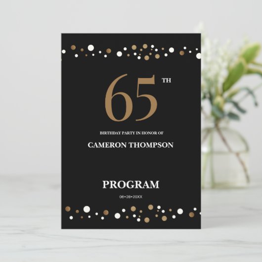 Editable Gold and Black confetti 65e verjaardag Programmakaart (Staand voorkant)