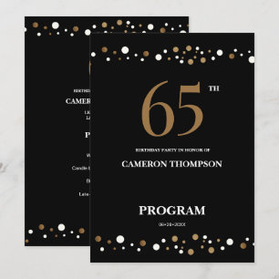 Editable Gold and Black confetti 65e verjaardag Programmakaart