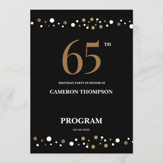 Editable Gold and Black confetti 65e verjaardag Programmakaart (Voorkant)