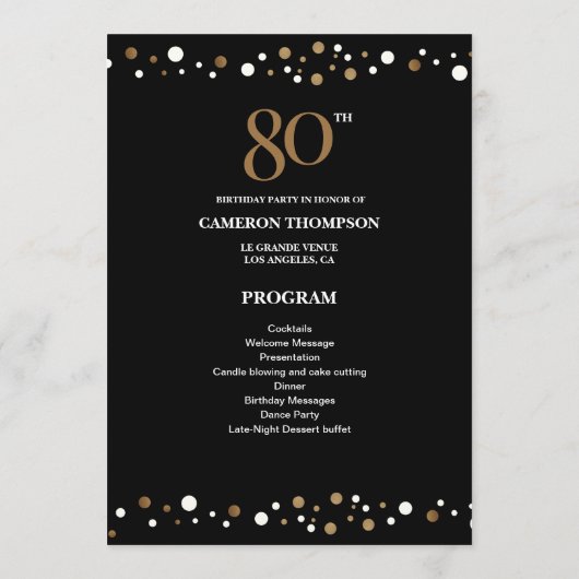 Editable Gold and Black confetti 80e verjaardag Programmakaart (Achterkant)