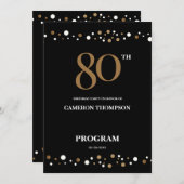 Editable Gold and Black confetti 80e verjaardag Programmakaart (Voorkant / Achterkant)