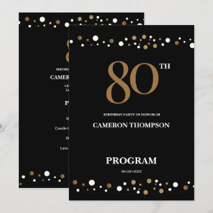 Editable Gold and Black confetti 80e verjaardag Programmakaart