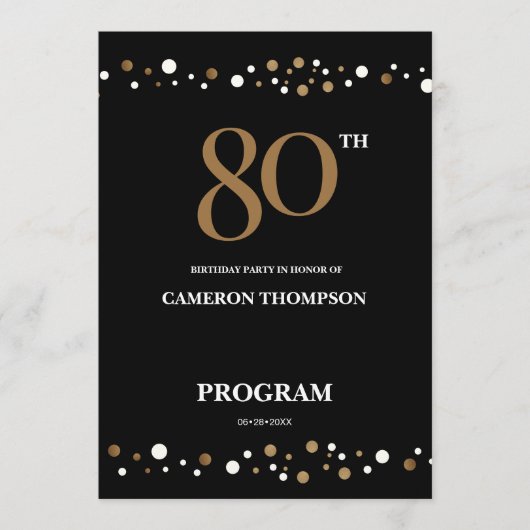 Editable Gold and Black confetti 80e verjaardag Programmakaart (Voorkant)