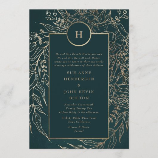 Editable Gold Foil & Emerald Green Wreath Monogram Kaart (Voorkant)