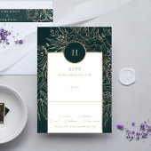 Editable Gold Foil & Emerald Green Wreath Monogram RSVP Kaartje