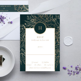Editable Gold Foil & Emerald Green Wreath Monogram RSVP Kaartje