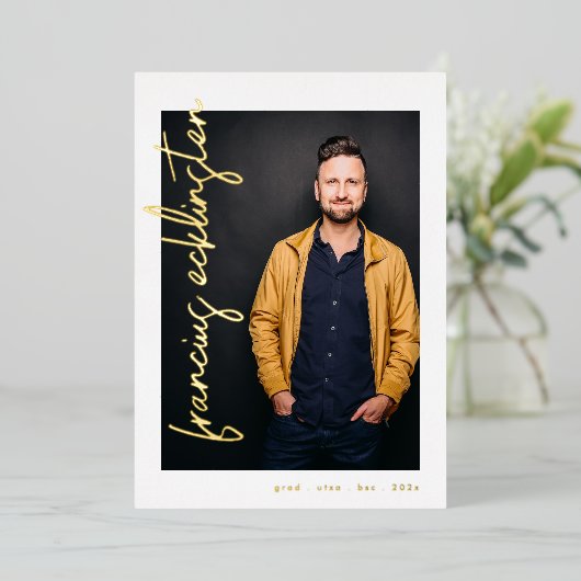 Editable Gold Names Photo University Afstuderen Folie Uitnodiging (Staand Voorkant)