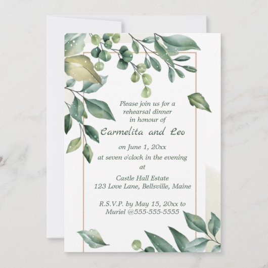 Editable Green Branches Rehearsal Dinner Kaart (Voorkant)