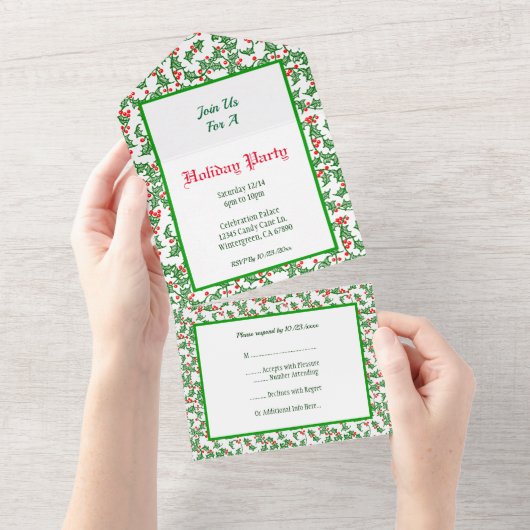 Editable Green Holly Red Berries All in One Invite All In One Uitnodiging (Afscheurbaar)