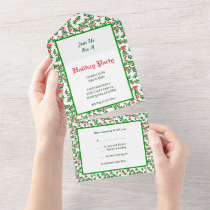 Editable Green Holly Red Berries All in One Invite All In One Uitnodiging