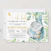EDITABLE Greenery Elephant Baby shower Kaart (Voorkant)