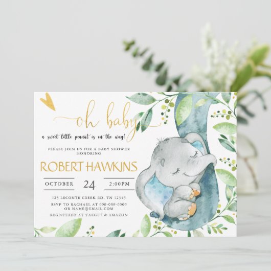 EDITABLE Greenery Elephant Baby shower Kaart (Staand voorkant)