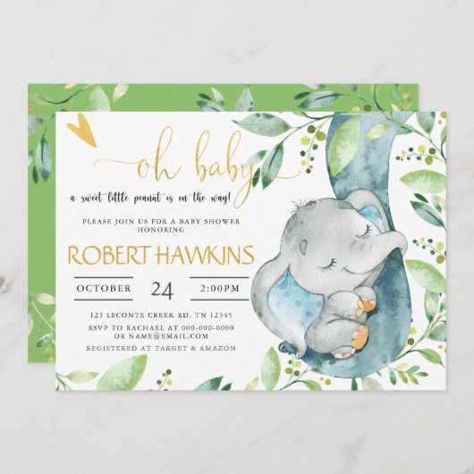 EDITABLE Greenery Elephant Baby shower Kaart (Voorkant / Achterkant)
