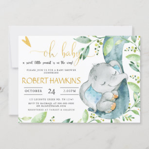 EDITABLE Greenery Elephant Baby shower Kaart