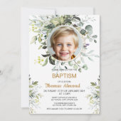 Editable Greenery Photo Baptism Invitation Boy Kaart (Voorkant)
