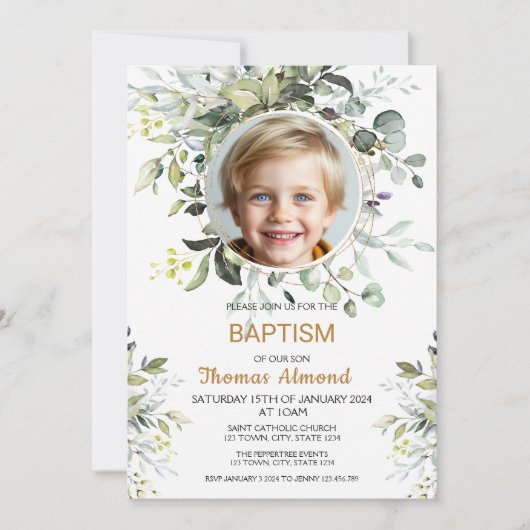 Editable Greenery Photo Baptism Invitation Boy Kaart (Voorkant)