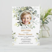 Editable Greenery Photo Baptism Invitation Boy Kaart (Staand voorkant)