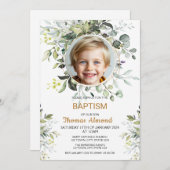Editable Greenery Photo Baptism Invitation Boy Kaart (Voorkant / Achterkant)