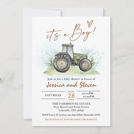 EDITABLE Groene Tractor Baby shower Ranch Boerderi Kaart (Voorkant)