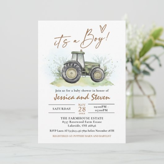 EDITABLE Groene Tractor Baby shower Ranch Boerderi Kaart (Staand voorkant)