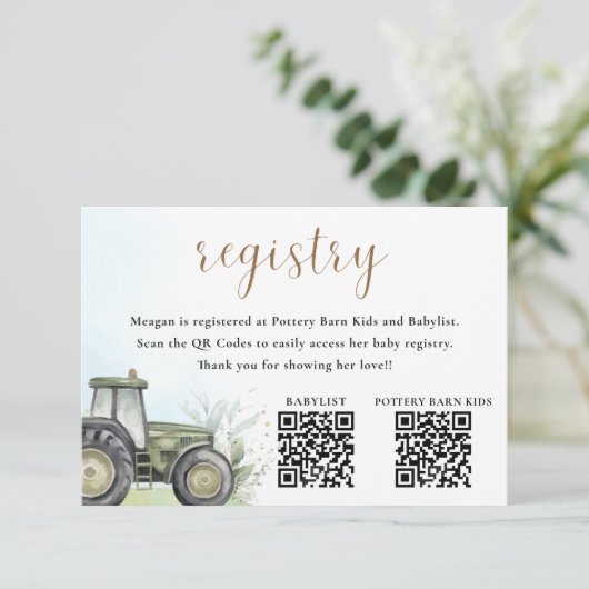 EDITABLE Groene Tractor Baby shower Registry Informatiekaartje (Staand voorkant)