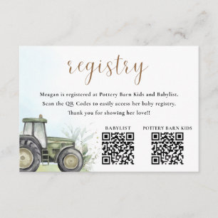 EDITABLE Groene Tractor Baby shower Registry Informatiekaartje