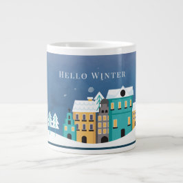 Editable "Hallo Winter Night Village Scene Grote Koffiekop