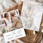 Editable Hand Lettered White sparen de Foto van de Briefkaart<br><div class="desc">Moderne en elegante foto bespaart de date bruiloft card. Sparen de kaart van de datumuitnodiging omvat witte Hand Lettertypografie en chic en eenvoudig ontwerp op een witte achtergrond die u uw aangepast afbeelding van de de foto van het verloving kunt toevoegen aan.</div>