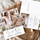 Editable Hand Lettered White sparen de Foto van de Briefkaart<br><div class="desc">Moderne en elegante foto bespaart de date bruiloft card. Sparen de kaart van de datumuitnodiging omvat witte Hand Lettertypografie en chic en eenvoudig ontwerp op een witte achtergrond die u uw aangepast afbeelding van de de foto van het verloving kunt toevoegen aan.</div>