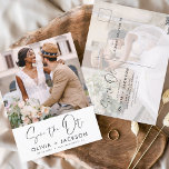 Editable Hand Lettered White sparen de Foto van de Briefkaart<br><div class="desc">Moderne en elegante foto bespaart de date bruiloft card. Sparen de kaart van de datumuitnodiging omvat witte Hand Lettertypografie en chic en eenvoudig ontwerp op een witte achtergrond die u uw aangepast afbeelding van de de foto van het verloving kunt toevoegen aan.</div>