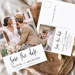 Editable Hand Lettered White sparen de Foto van de Briefkaart<br><div class="desc">Moderne en elegante foto bespaart de date bruiloft card. Sparen de kaart van de datumuitnodiging omvat witte Hand Lettertypografie en chic en eenvoudig ontwerp op een witte achtergrond die u uw aangepast afbeelding van de de foto van het verloving kunt toevoegen aan.</div>