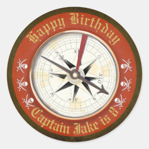 Editable Happy Birthday Compass Pirate Ronde Sticker