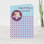 Editable Happy Birthday Son Kaart<br><div class="desc">Deze bewerkbare verjaardagskaart is voorzien van een tegel op de onderste helft en een blauw gestreept ontwerp op de bovenste helft. Ongeveer een derde van de weg naar beneden is een schijf met een afbeelding van een verjaardagstaart. Er is een editable bericht op de voorzijde evenals een editable bericht binnen....</div>