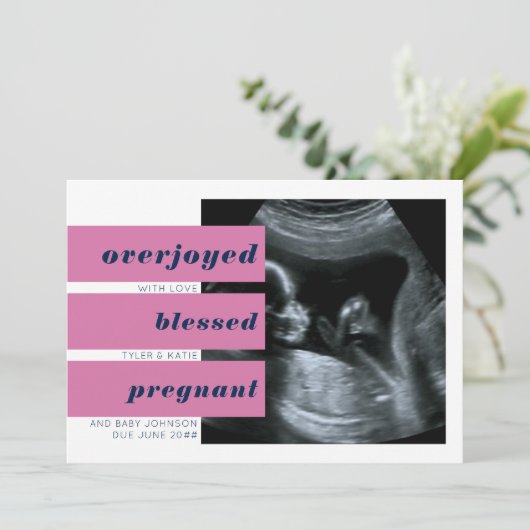 Editable Headlines 2 Photo Navy Pink Pregnancy Aankondiging (Staand voorkant)