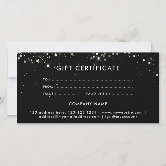 Editable Holographic Glitter Black Gift Certificat (Achterkant)