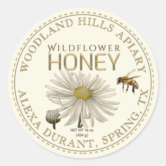 Editable Honey Jar Bee Wildflower Label Ivory (Voorkant)