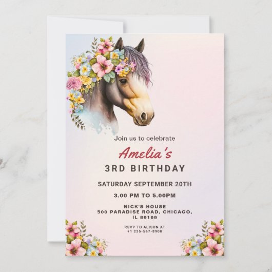 Editable Horse Birthday Invitation for Girls Kaart (Voorkant)