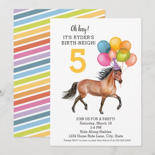 Editable Horse-verjaardagsuitnodiging // Regenboog Kaart (Voorkant / Achterkant)