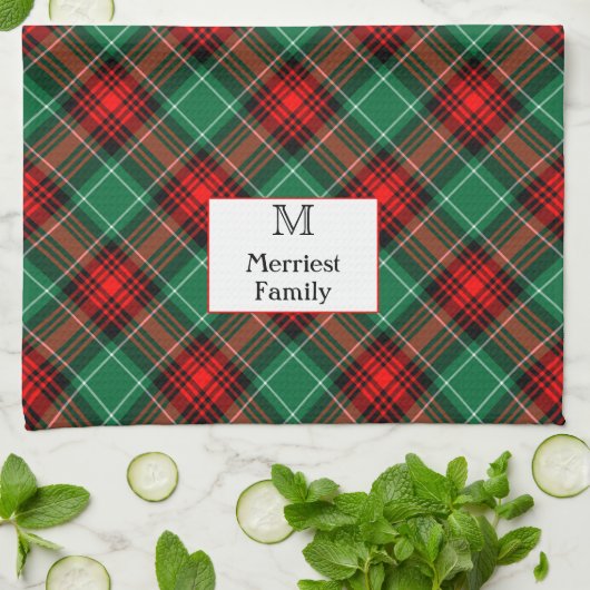 Editable Initial andl Name Green Red Holiday Plaid Theedoek (Gevouwen)